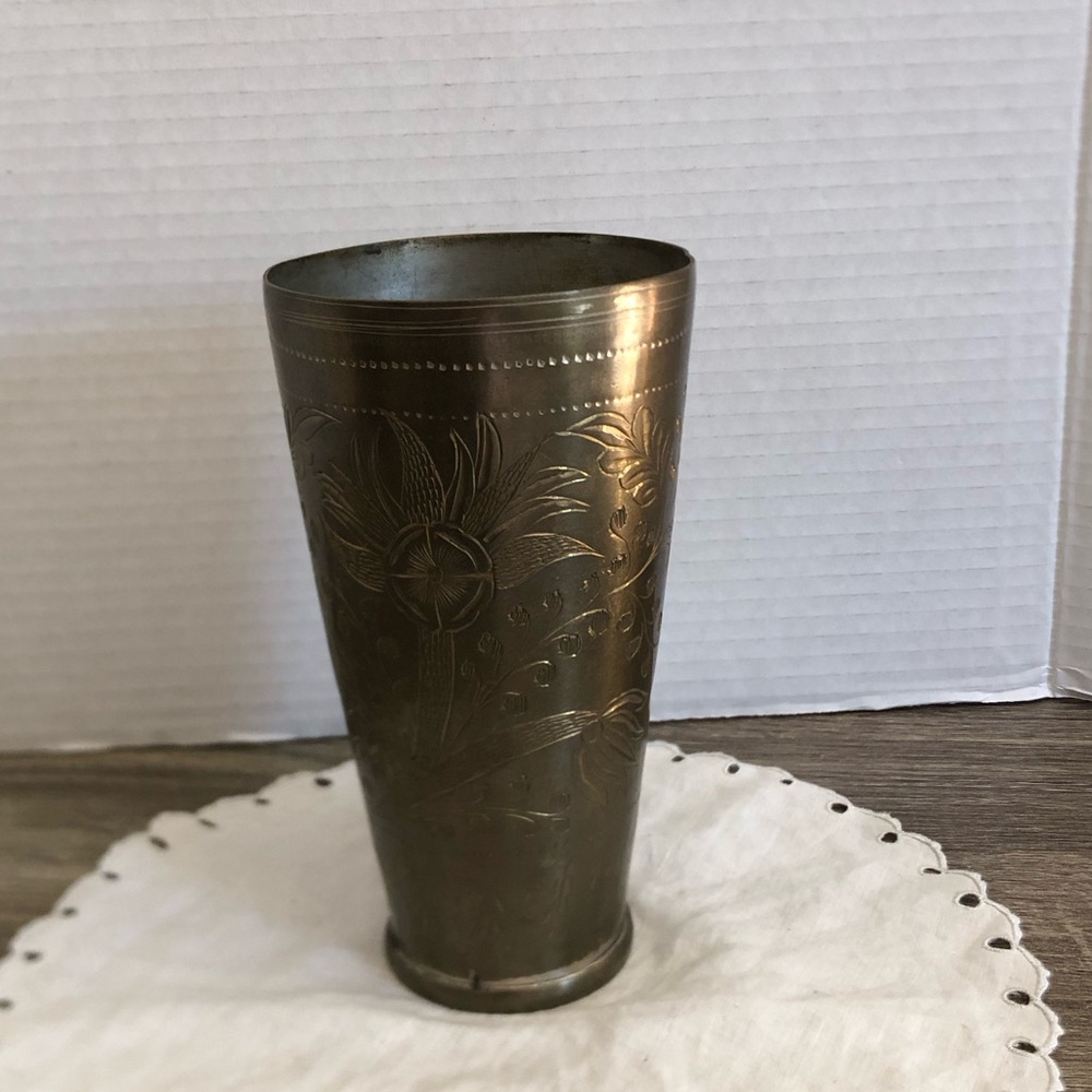 Vtg Hand Engraved Brass Lassi Glass